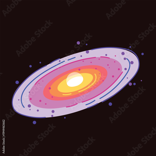 Vibrant spiral galaxy illustration against a dark cosmic background, depicting celestial beauty
