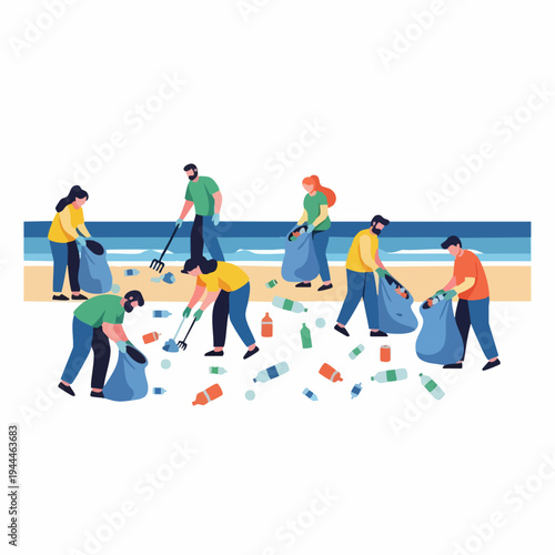 Group of volunteers cleaning up plastic pollution on the beach.