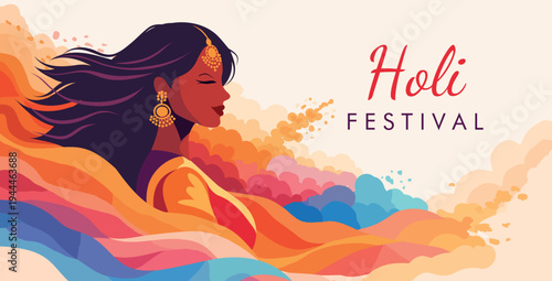Holi is an Indian festival. A vibrant vector illustration of a smiling Indian woman in traditional jewelry, surrounded by colorful Holi clouds. Perfect for Indian cultural events, posters, cards