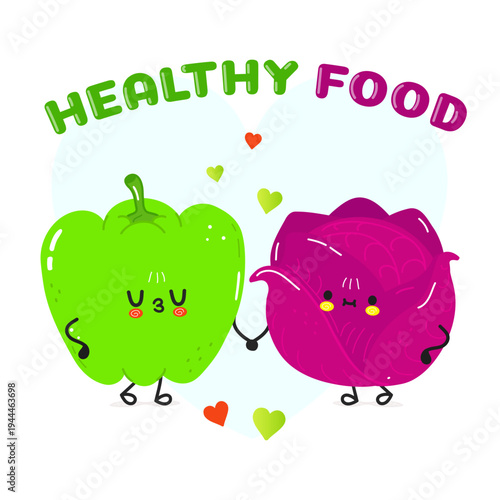 Cute cartoon bell pepper and cabbage holding hands loving healthy food