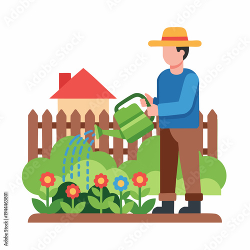 Gardener watering flowers in a beautiful garden with a house.