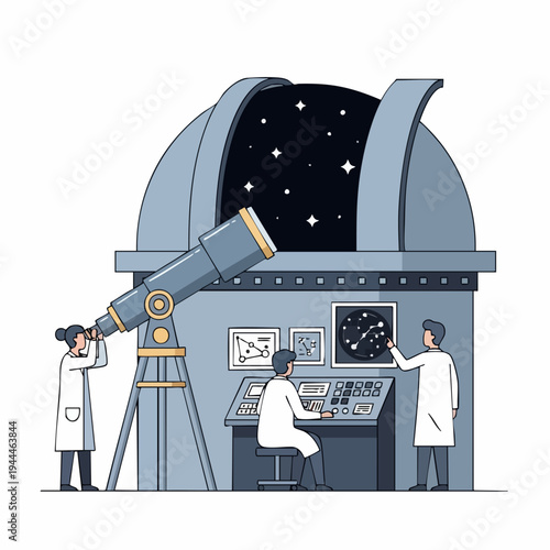Team of scientists working in an astronomical observatory.