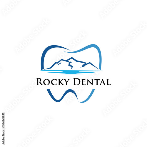Mountain dental logo vector icon with tooth and lake river mountain landscape symbol modern dental clinic healthcare dentistry branding design isolated on white background