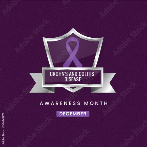 3D illustration for Crohn's and Colitis Awareness Month in December. Purple ribbon on a silver shield over a dark purple pattern background. Vector medical awareness.