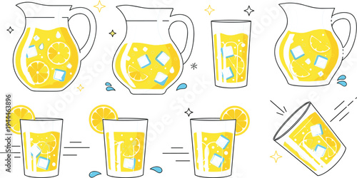 Hand drawn lemonade pitchers and glasses with lemon slices and ice cubes refreshing summer drink vector illustration set isolated on light background