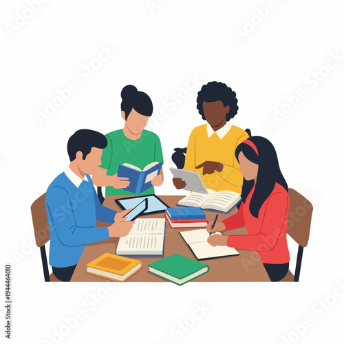 Group of students studying together at a table, focused on their books.