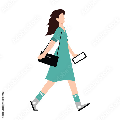 Flat vector illustration of a contemporary woman walking with purpose, portraying modern life and an active urban routine