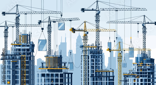 City skyline with construction cranes.