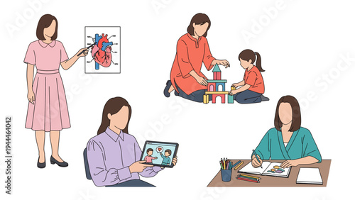 Daily Pursuits of a Modern Woman: Various activities showcasing the multi-faceted life of a woman, encompassing roles from educator to caregiver.  