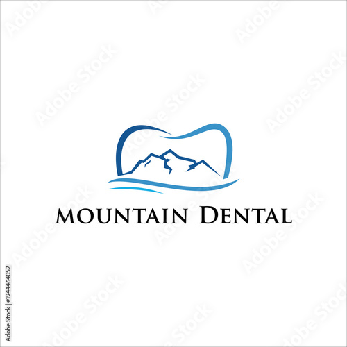 Mountain dental logo vector icon with tooth and lake river mountain landscape symbol modern dental clinic healthcare dentistry branding design isolated on white background