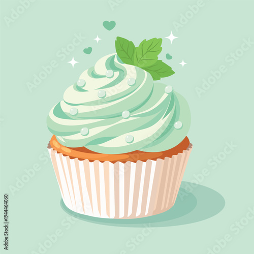 Mint Cupcake. Vector illustration of mint cupcake with creamy green frosting, garnished with fresh mint leaves. For dessert menus, bakeries, holidays, food blogs, themed dessert menus, sweet themes
