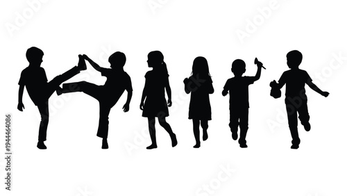 A group of children playing and having fun in a lively and energetic atmosphere with various actions and poses.