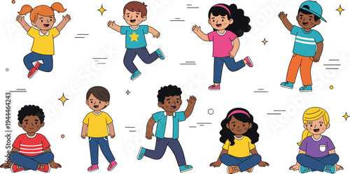 Happy diverse kids playing and jumping collection cheerful children characters with different poses and outfits cartoon flat vector illustration set