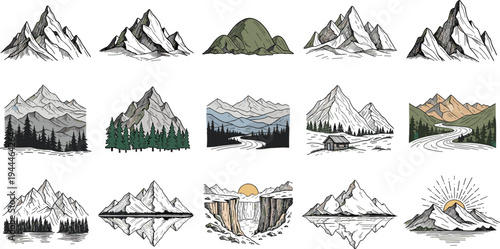 Hand Drawn Mountain Landscape Vector Set with Forest, River, Sunrise, and Wilderness Nature Illustration Collection for Adventure and Outdoor Design