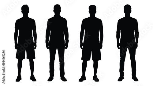 A visual representation of four male silhouettes in various attire, showcasing different body types and clothing styles