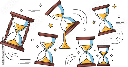 Hourglass sand timer icons showing flowing sand time passing concept vintage clock cartoon flat vector illustration collection