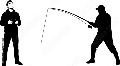 Drone operator silhouette, fishing activity, modern technology and traditional pastime concept