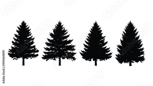 A serene and peaceful landscape featuring a row of four majestic pine trees in silhouette against a pristine white background, evoking a sense of calmness and tranquility in nature