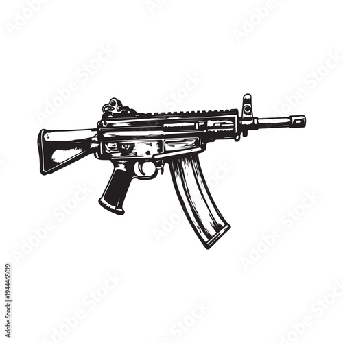 Black silhouette of machine gun on white background. Weapons of police and army