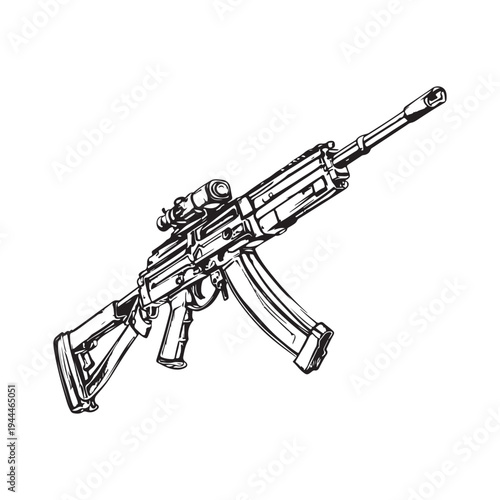 Black silhouette of machine gun on white background. Weapons of police and army
