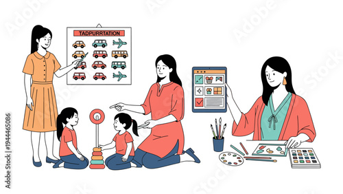 Interactive Learning Environment: Children and educator interact, fostering an environment rich with creative learning, collaborative play, and educational exploration.