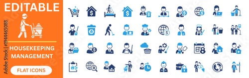 Housekeeping management and professional cleaning flat icons set. Janitor, service trolley, house cleaning, sanitation, worker, building maintenance