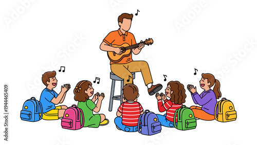 Musical Harmony: A teacher plays the ukulele, surrounded by attentive children, creating a scene of joyful learning and artistic expression. 