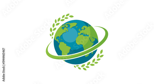 Global Environment Icon: Planet Earth with Green Leaves and Orbiting Swoosh – Sustainable World Concept
