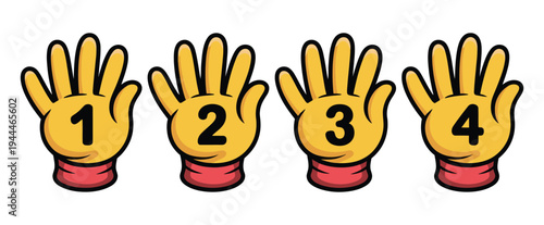 Comic Hands Number Gestures Vector, cartoon finger counting signs, hand numbers one to four, comic book style gloved hand illustrations, gesture symbols for education, communication, and design.