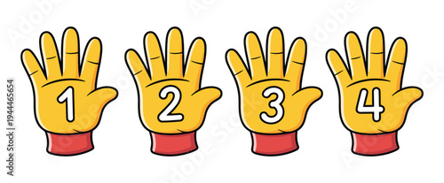 Comic Hands Number Gestures Vector, cartoon finger counting signs, hand numbers one to four, comic book style gloved hand illustrations, gesture symbols for education, communication, and design.