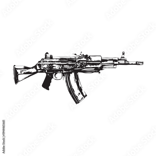Black silhouette of machine gun on white background. Weapons of police and army