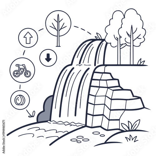 Waterfall with and trees arrows bicycle gear