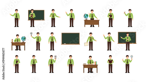 Educator in Action: A collection of illustrations depicting an educator in various poses, from instructing with a pointer to examining a globe.