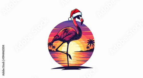 Retro flamingo in Santa hat on tropical beach at sunset