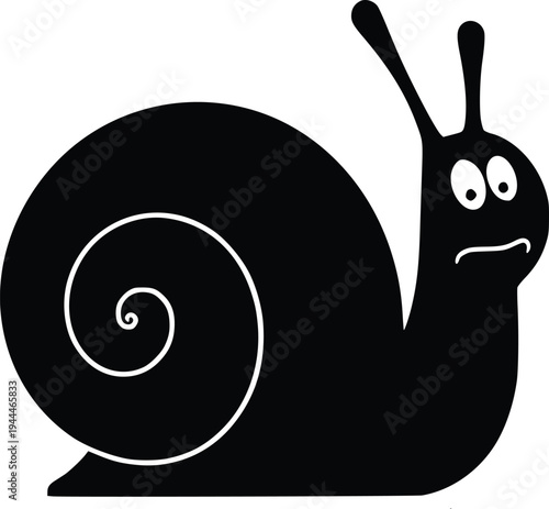 A stylized black snail with expressive eyes and antennae looking slightly upset