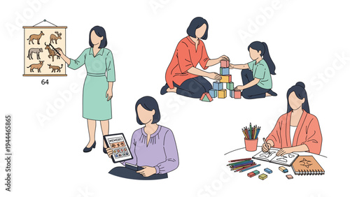 Teaching and Nurturing: Illustrative scenes portray educators and caregivers engaged in interactive learning and nurturing activities, emphasizing care