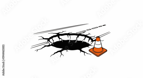 Road with large pothole and safety cone