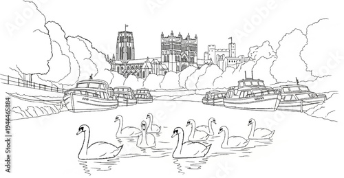River scene with swans swimming, boats docked near a historic town with a large church