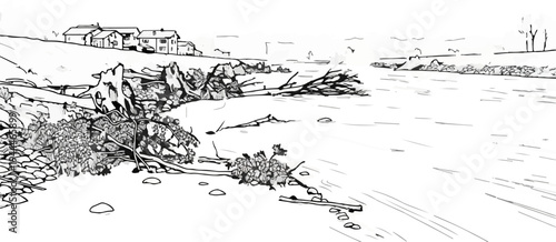 Riverbank debris and distant houses under a sketchy sky