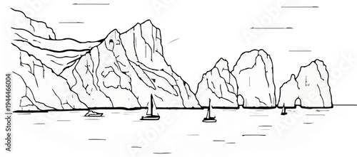 Rocky coastal cliffs meet the sea with sailboats on the water