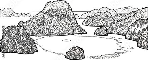 Rocky islands rise from a calm bay in a sketch