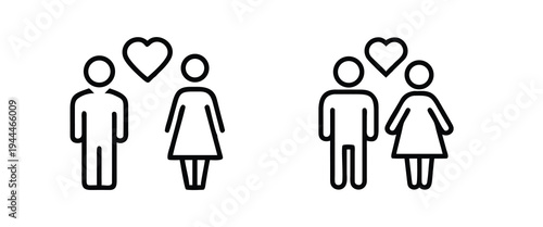 Couple and romantic relationship outline icon set featuring man and woman with heart, wedding love partner, family pair connection, human social bonding more vector illustration or editable stroke.