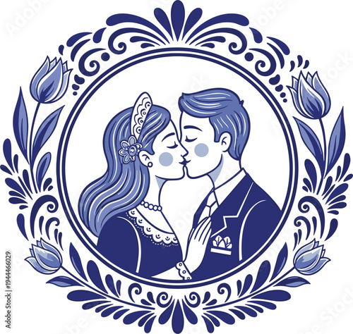 Romantic couple kissing in Delft blue style floral frame illustration, vintage Dutch ceramic inspired love scene decorative vector design