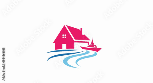 Pink house with sailboat on blue waves