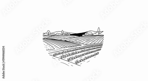 Rolling fields of crops with distant farmhouses and trees under a dark sky