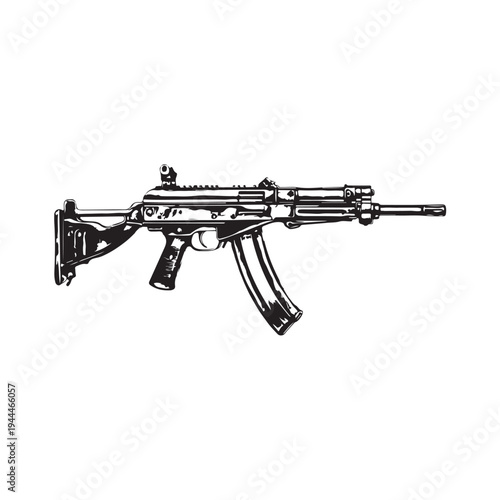 Black silhouette of machine gun on white background. Weapons of police and army