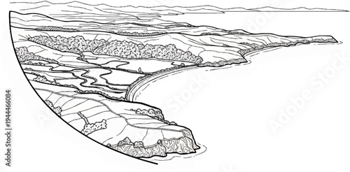 Rolling hills and patchwork fields meet a curved coastline and calm ocean