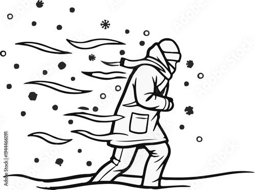 Person bundled in winter coat struggles against wind and snow