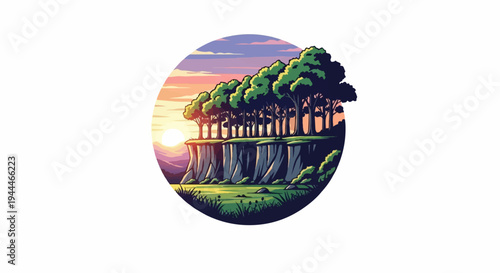Pixel art landscape with trees on a cliff at sunset