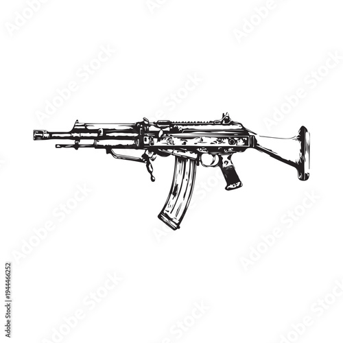 Black silhouette of machine gun on white background. Weapons of police and army